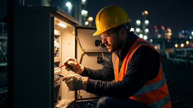Electrician in safety vest and hard hat inspects electrical control panel at night industrial site using multimeter device sparks illuminate dark background with bokeh lights.