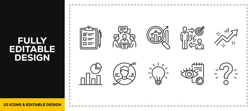 flat vector illustration line art icon bundle set design illustrating creative idea analytics chart graph light bulb vision eye and gear machinery for modern web ui app