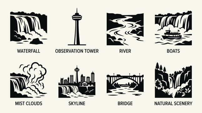 Landscape city features vector illustration with waterfall, observation tower, river, boats, mist clouds, skyline, bridge, natural scenery icons, environmental design elements, isolated graphic art co