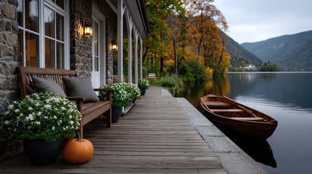 Luxury European stone cottage by a lake with autumn colors and a wooden boat at sunrise