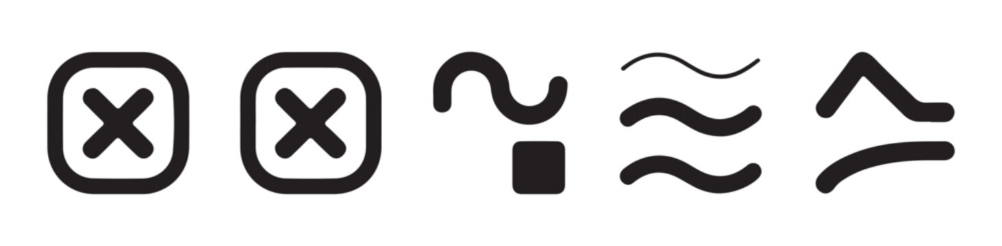 Collection of black vector icons including crosses, question marks, and wavy lines on a transparent background.