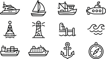 Nautical silhouette icons set marine vessels lighthouse buoy and navigation tools © mdkamran