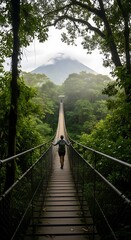 Fototapeta premium Serene wooden boardwalk through lush green forest.