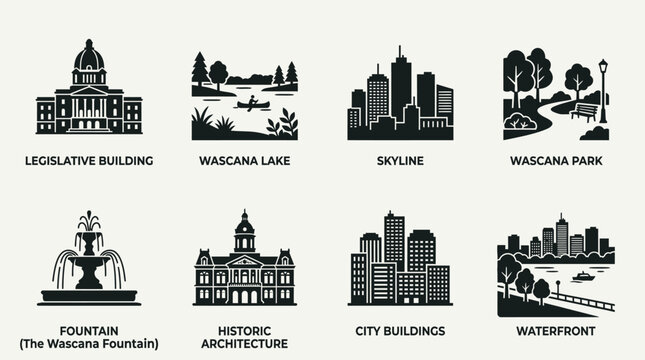 City landmarks vector illustration with legislative building, lake, skyline, park, fountain, historic architecture, modern city buildings, waterfront icons, urban design elements, isolated graphic art