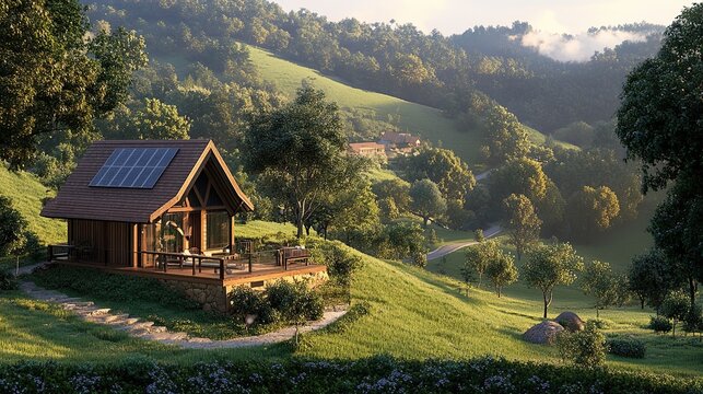 Eco cabin hillside valley landscape sustainable home nature scenery