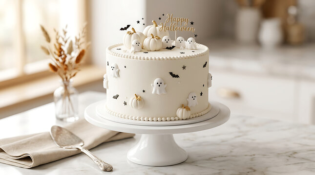 White halloween cake topped with miniature ghosts and pumpkins for festive holiday parties.