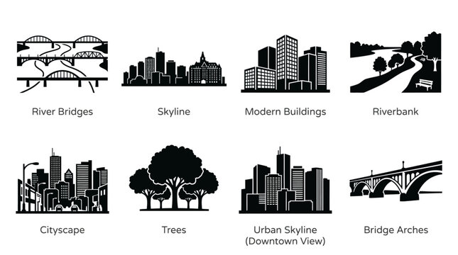 Urban landscape elements vector illustration with river bridges, skyline, modern buildings, cityscape, riverbank, trees, arches, architectural icons, environmental design elements, isolated graphic ar