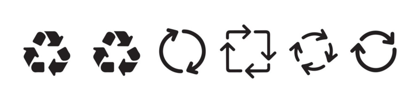 Recycling symbol and different circular refresh arrows icons on transparent background.