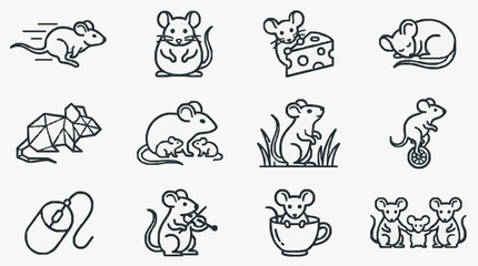 Fototapeta premium Elegant Black and White Line Drawing Set of Whimsical Mice Engaging in Various Activities and Scenes