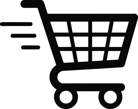 Vector silhouette of a moving shopping cart icon symbolizing fast and efficient online shopping experiences