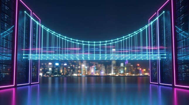 Futuristic neon bridge connecting abstract data servers against blurred city lights on water reflection digital network data flow technology concept.