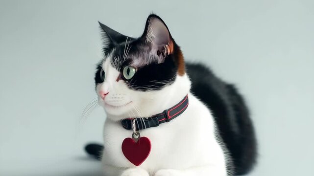 A black and white cat with green eyes lies on a soft surface. It plays with a heart tag while turning its head in different directions. The cat shows various expressions and poses