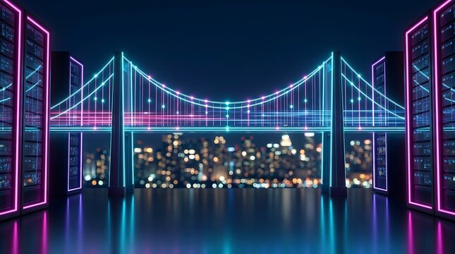 Futuristic neon bridge connecting data servers against blurred city lights reflection digital network connection technology concept abstract glowing architecture.