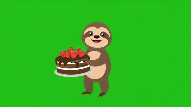 Happy sloth holding a strawberry cake with a smile on a green screen background