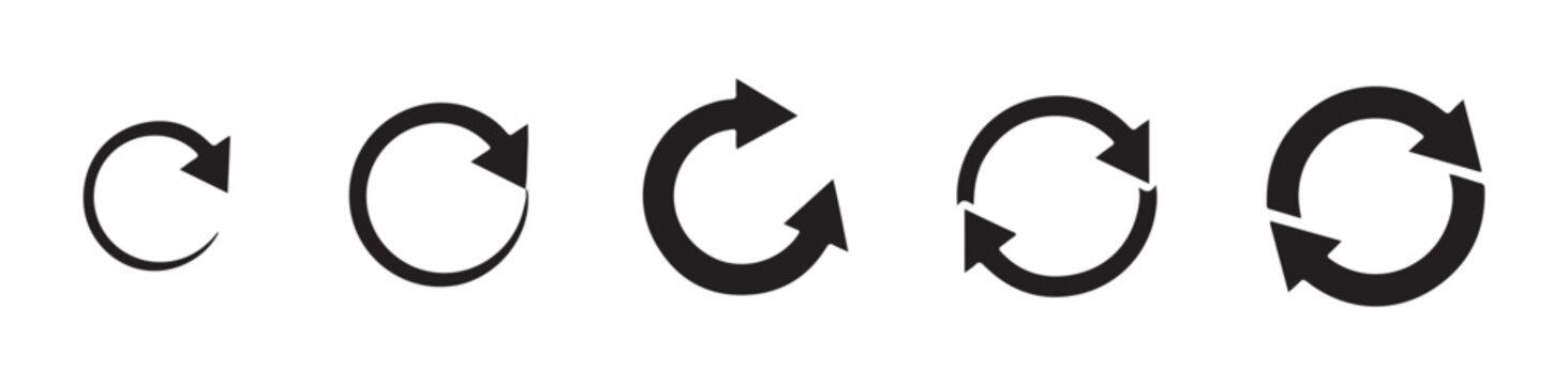 Five black circular arrows indicating refresh repeat cycle reload and synchronization isolated on gray background.