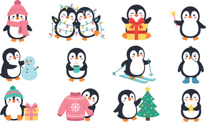 Fototapeta premium Cute Christmas Penguin Character Vector Illustration Set with Festive Winter Activities including Skiing, Decorating Tree, Opening Gifts, and Wearing Sweaters
