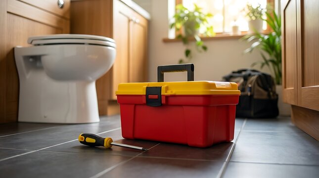 Plumber tool box with screwdriver and toilet in background bathroom interior renovation and home improvement concept for repair work and maintenance services.