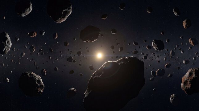 Sunlit asteroid belt with rocky bodies orbiting through deep space