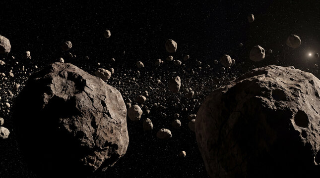 Dense asteroid belt with rocky space debris under distant starlight