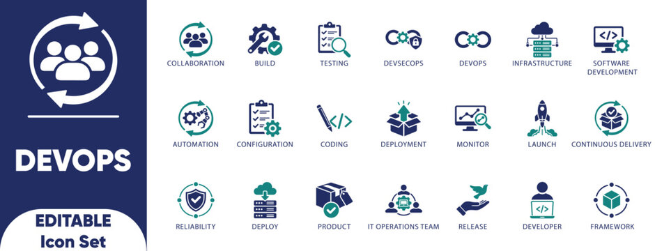 DevOps collection solid icon set. collaboration, integration, monitor, plan, release, testing, coding, build, and solid icons.