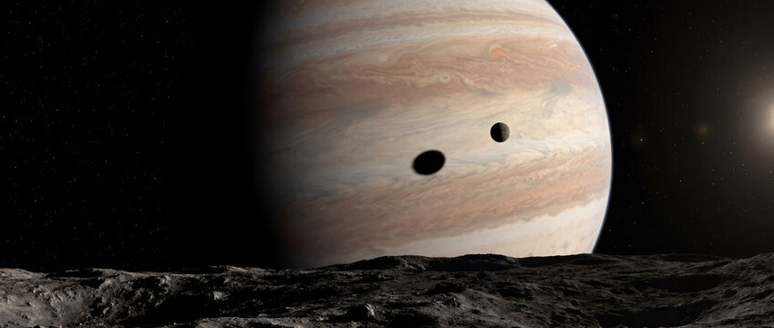 Jupiter rising above a cratered moon with transiting moons in deep space
