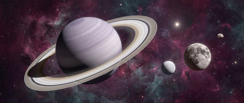 Saturn with rings and natural moons against a colorful deep space nebula