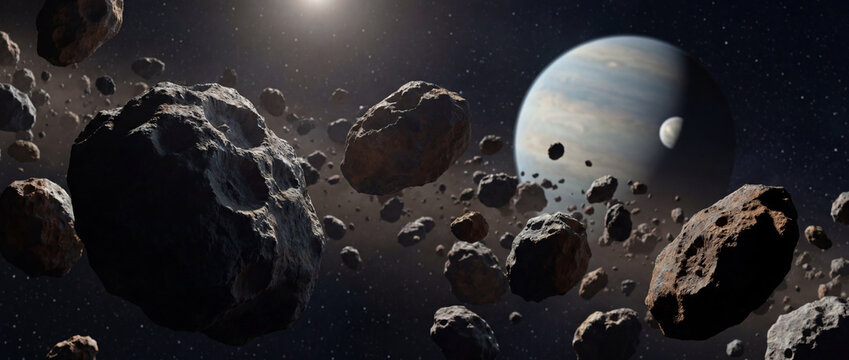 Asteroid belt with distant gas giant and moon in deep space