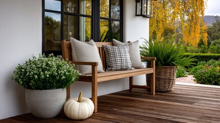 Fototapeta premium Elegant Scandinavian autumn porch features white architecture, pumpkins, and warm sunset in a peaceful outdoor setting