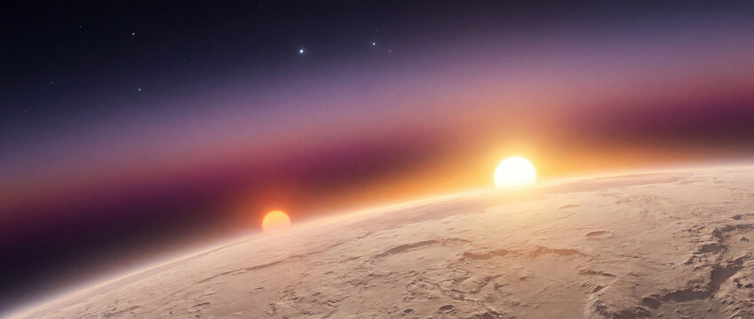 Twin suns rising above an alien planetary horizon