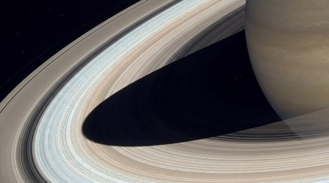Close up view of Saturn rings casting a shadow across the planet