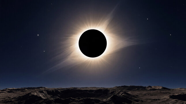 Total solar eclipse above a rugged planetary horizon