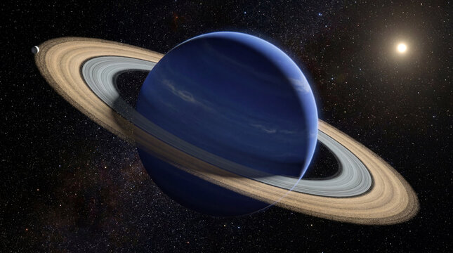 Ringed planet Neptune with Triton and the Sun in deep space