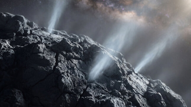 Close-up of comet surface with active gas jets under the Milky Way