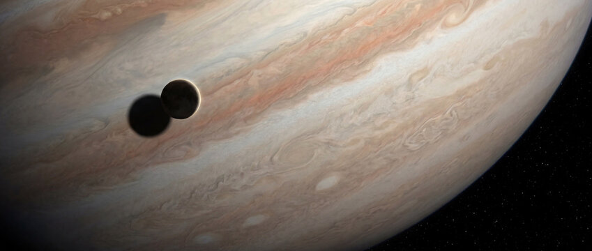 Moon casting its shadow across Jupiter during a rare planetary transit