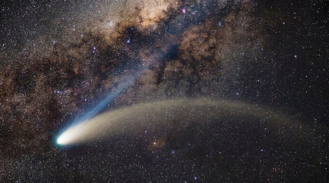 Bright comet with sweeping dust tail across the Milky Way