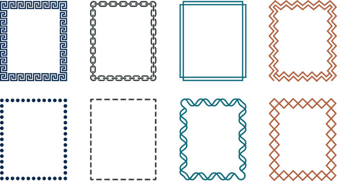 Geometric Decorative Border and Frame Vector Set with Greek Key, Chain, Zigzag, Dashed Line, and Diamond Patterns for Certificate, Diploma, and Invitation Designs