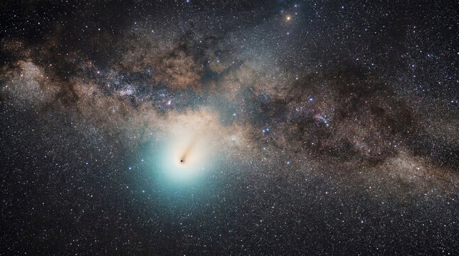 Comet crossing the Milky Way against a dense star field