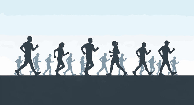Diverse silhouettes of men and women walking and jogging in a group on a flat horizon against a blue gradient sky background, representing fitness, marathon training, and health.