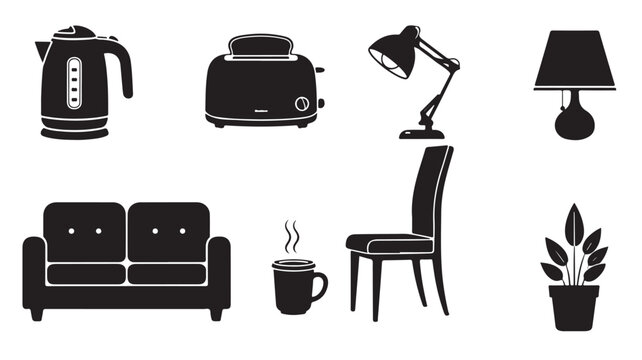 Minimalist home appliances and furniture icons, black silhouette household objects set, modern interior design elements for living room and kitchen