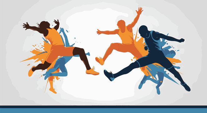 Silhouettes of three track and field athletes jumping mid-air with orange and navy blue paint splatter effects on a light grey background, graphic vector illustration for sports.