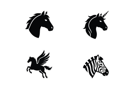 Horse Unicorn Pegasus and Zebra Head Black Silhouette Design Set Four Equine Animals Vector Collection