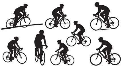 Obraz premium Cyclist silhouette set with 8 road bike riders, professional cycling athlete silhouettes, black bicycle racing figures on white background