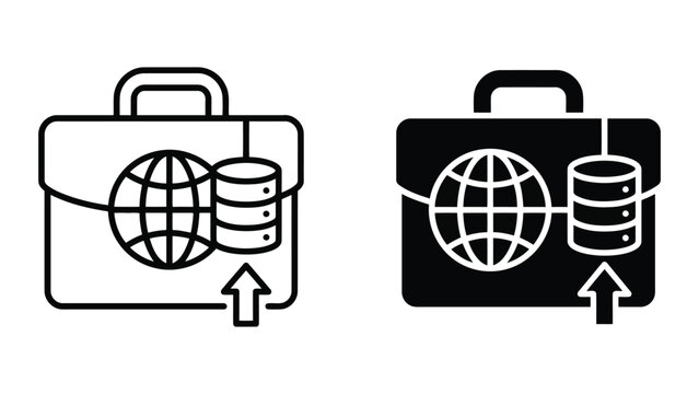 Global data upload and briefcase management icon set in linear and solid vector design representing cloud storage and international business information transfer for corporate technology solutions