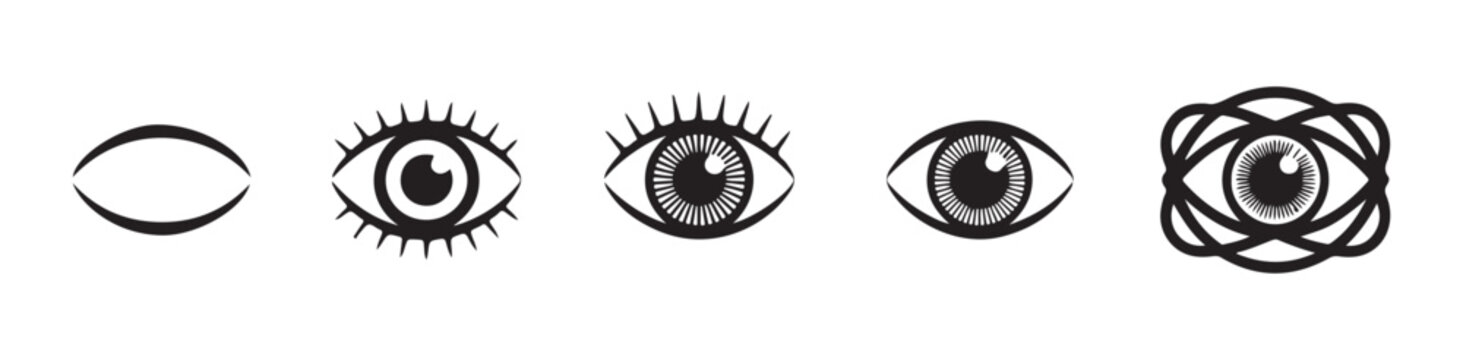 Varied black eye symbols featuring intricate lash and iris patterns for creative design project usage.