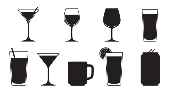 Minimalist beverage glassware silhouettes, set of 9 drink icons including wine glass and cocktail martini glass, black vector drinkware symbols