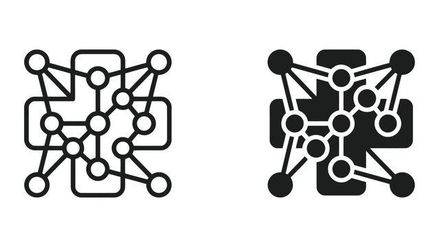 Medical network node connection icon set featuring abstract cross and circle graph designs in outline and solid vector styles for healthcare technology and data connectivity concepts