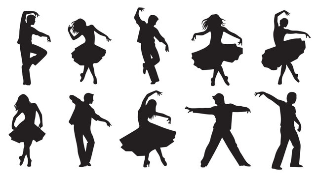 Dancing people silhouettes set, collection of 10 dancers performing expressive movements, black vector figures of men and women in motion