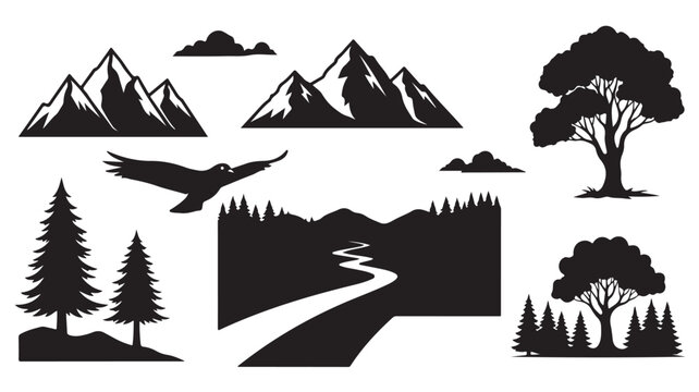Vintage mountain landscape silhouettes set, black and white nature icons with pine trees and eagle, rustic wilderness vector elements for logo design