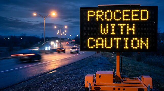 Traffic message sign displays proceed with caution at night on highway with cars driving by and bokeh lights in background indicating safety warning.