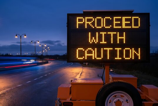 Digital road sign at night warning drivers to proceed with caution illuminated with yellow led lights on wet highway.